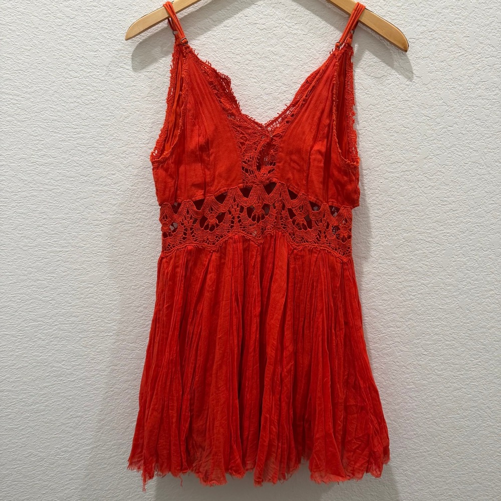 Free People FP One Adella Mini Dress Orange Red Crochet Lace Boho Gauze Small